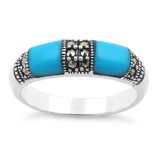 Sterling Silver Double Simulated Turquoise  Onyx Marcasite Ring