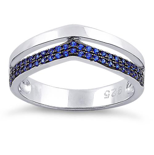 Sterling Silver Double V-Accented Blue CZ Ring