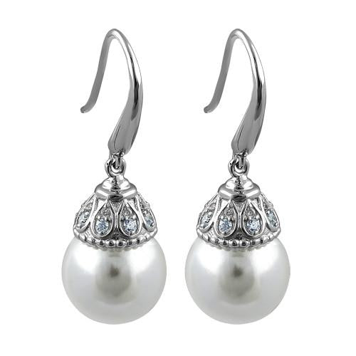 Sterling Silver Elegant Synthetic Pearl & Clear CZ Hook Earrings