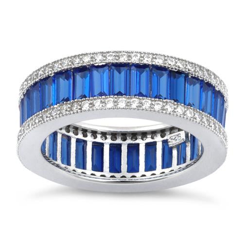 Sterling Silver Emerald Cut Eternity Pave Blue CZ Ring