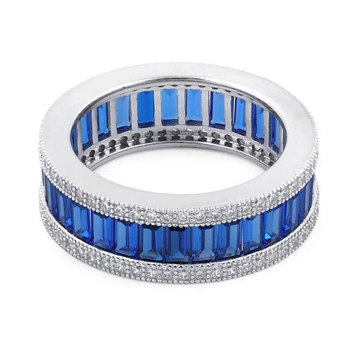 Sterling Silver Emerald Cut Eternity Pave Blue CZ Ring