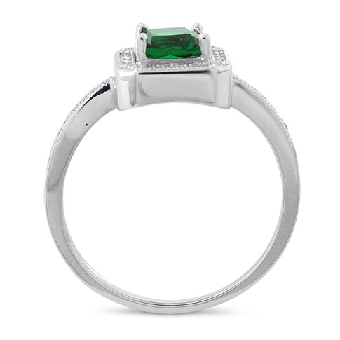 Sterling Silver Emerald CZ Cushion Halo Ring