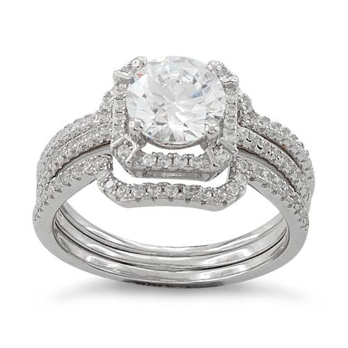 Sterling Silver Halo CZ 3-Piece Engagement Ring