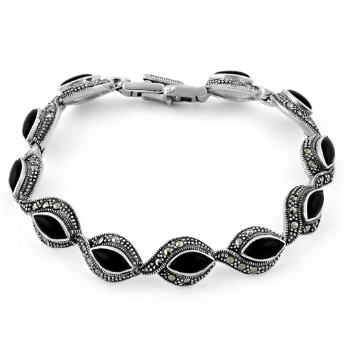 Sterling Silver Eye Marquise Black Onyx Marcasite Bracelet
