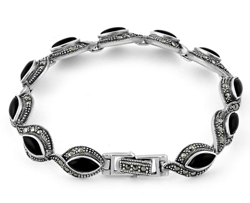 Sterling Silver Eye Marquise Black Onyx Marcasite Bracelet
