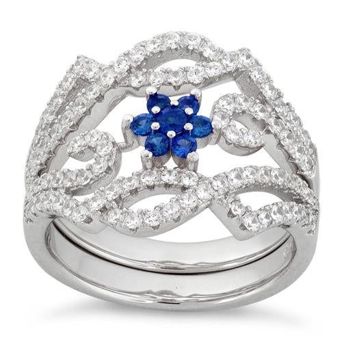 Sterling Silver Fancy Blue Sapphire Flower Removable CZ Ring