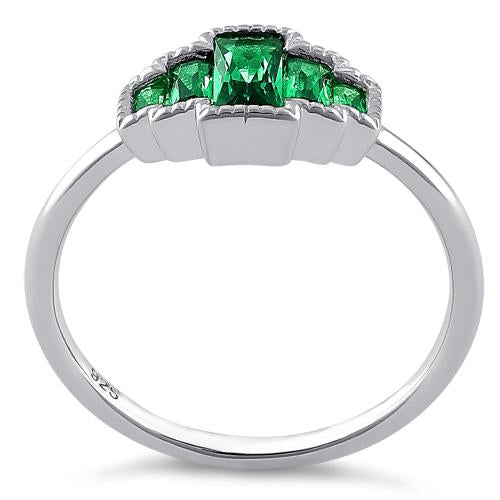 Sterling Silver Five Radiant Cut Emerald CZ Ring