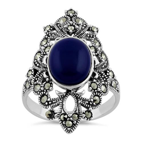 Sterling Silver Fleur de Lis Blue Lapis Marcasite Ring