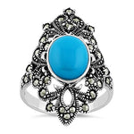 Sterling Silver Fleur de Lis Simulated Turquoise Marcasite Ring