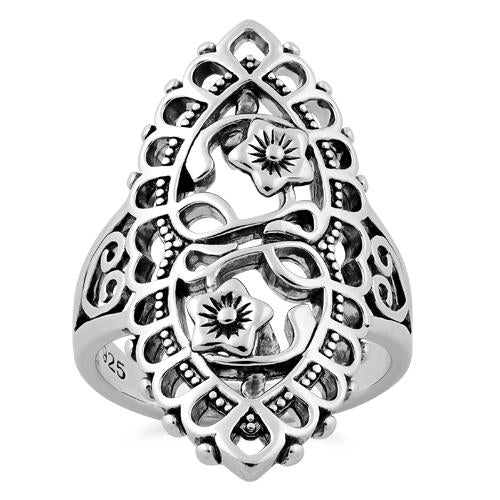 Sterling Silver Flower Heart Marquise Ring