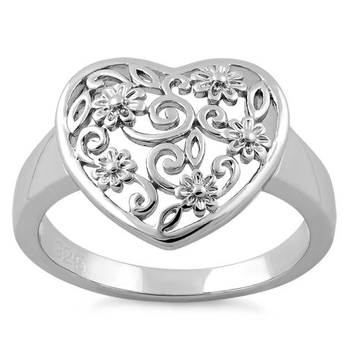 Sterling Silver Flower Vine Heart Ring