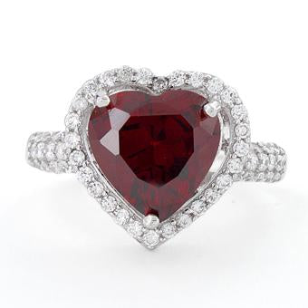 Sterling Silver Garnet Heart Halo CZ Ring