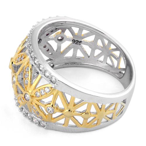 Sterling Silver Gold Two Tone Flower Caged CZ Ring