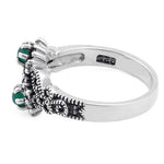 Sterling Silver Green Agate Double Flower Marcasite Ring