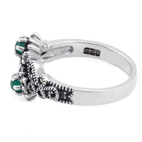 Sterling Silver Green Agate Double Flower Marcasite Ring