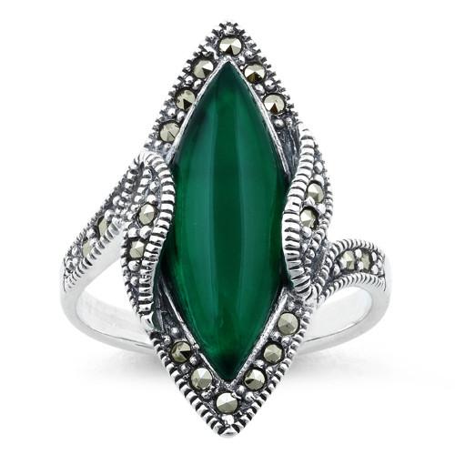 Sterling Silver Green Agate Marquise Marcasite Ring