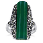 Sterling Silver Green Agate Tall Marcasite Ring
