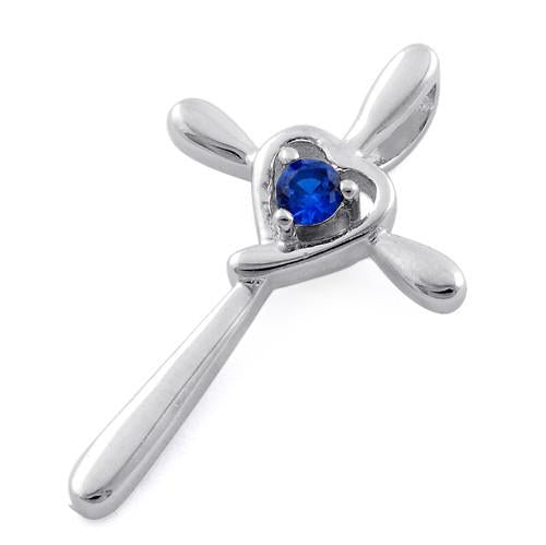 Sterling Silver Heart Cross Blue Sapphire CZ Pendant