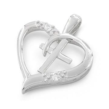 Sterling Silver Heart Cross CZ Pendant