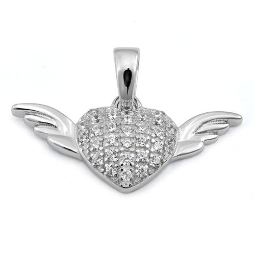 Sterling Silver Heart with Wings CZ Pendant