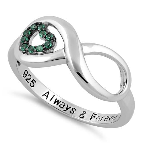 Sterling Silver Infinity Emerald Heart "Always & Forever" Engraved CZ Ring