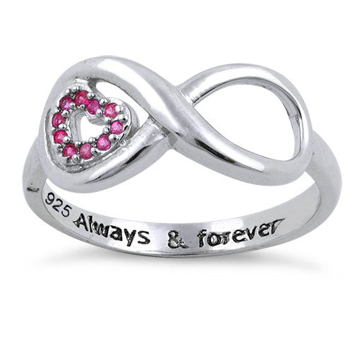 Sterling Silver Infinity Ruby Heart "Always & Forever" Engraved CZ Ring