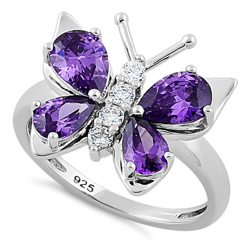 Sterling Silver Amethyst Butterfly CZ Ring