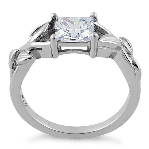 Sterling Silver Leaves Vines Princess Cut Clear CZ Ring