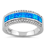 Sterling Silver Long Bar Blue Lab Opal CZ Ring