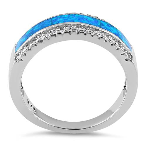 Sterling Silver Long Bar Blue Lab Opal CZ Ring