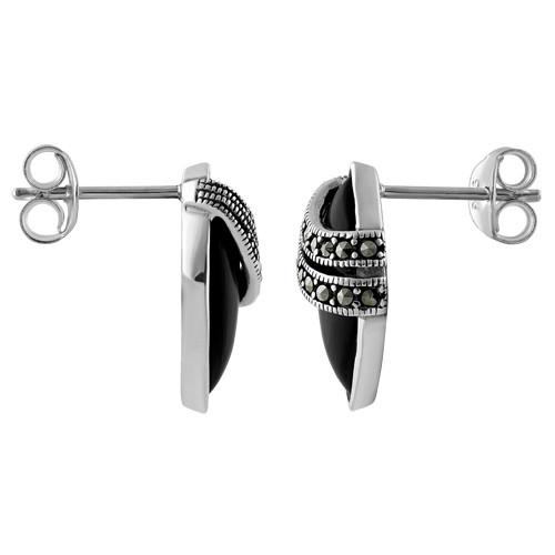 Sterling Silver Marquise Black Onyx Marcasite Earrings
