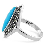 Sterling Silver Marquise Simulated Turquoise Marcasite Ring