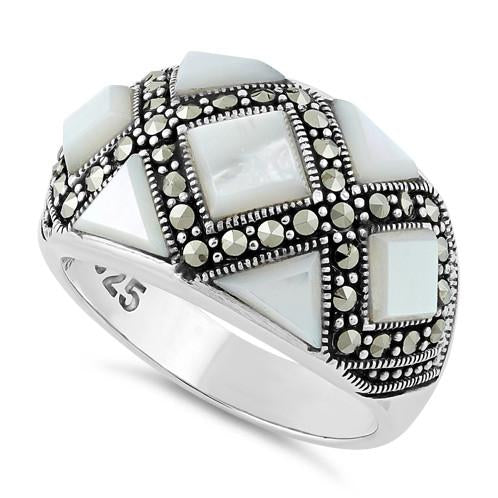 Sterling Silver Mother of Pearl Pattern Marcasite Ring