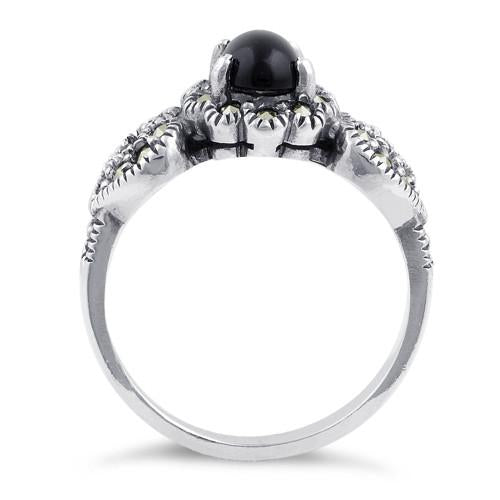 Sterling Silver Oval Black Onyx Flower Hearts Marcasite Ring