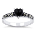 Sterling Silver Black Onyx Heart Marcasite Ring