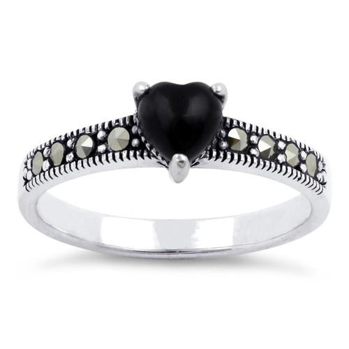 Sterling Silver Black Onyx Heart Marcasite Ring