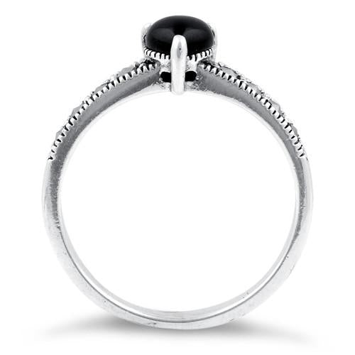 Sterling Silver Black Onyx Heart Marcasite Ring
