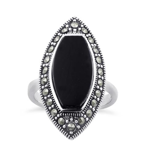 Sterling Silver Black Onyx Marquise Marcasite Ring