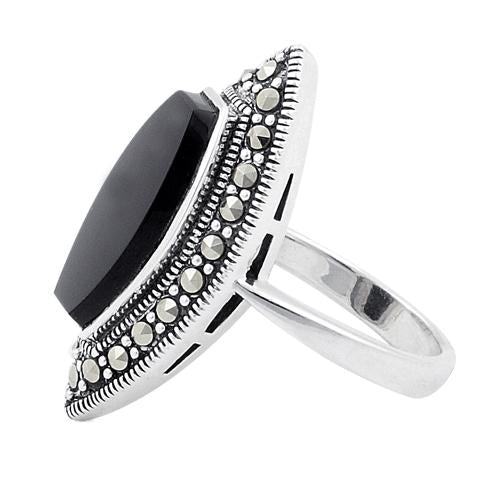 Sterling Silver Black Onyx Marquise Marcasite Ring