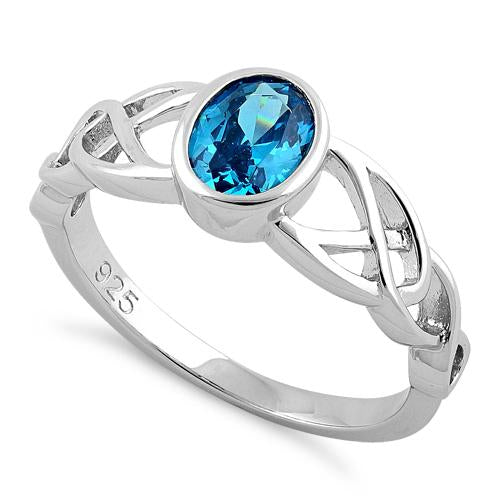 Sterling Silver Oval Aqua Blue CZ Celtic Ring