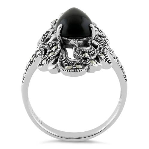 Sterling Silver Pear Shape Black Onyx Marcasite Ring