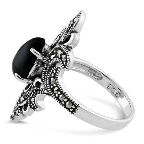 Sterling Silver Pear Shape Black Onyx Marcasite Ring