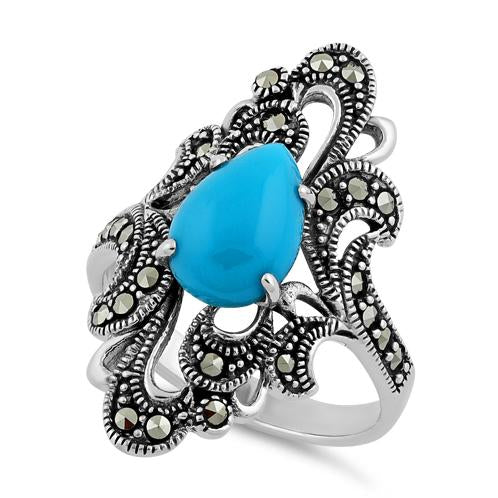 Sterling Silver Pear Shape Simulated Turquoise Marcasite Ring