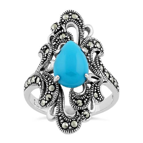 Sterling Silver Pear Shape Simulated Turquoise Marcasite Ring