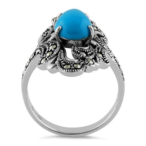 Sterling Silver Pear Shape Simulated Turquoise Marcasite Ring