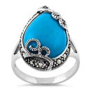 Sterling Silver Pear Shape Simulated Turquoise Marcasite Ring