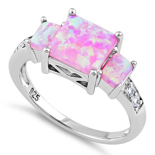Sterling Silver Pink Lab Opal Square CZ Ring - Main Image