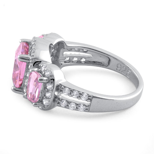 Sterling Silver Pink Three Stone Halo CZ Ring