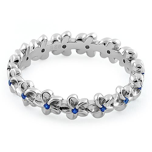 Sterling Silver Plumeria Blue Spinel CZ Eternity Band Ring