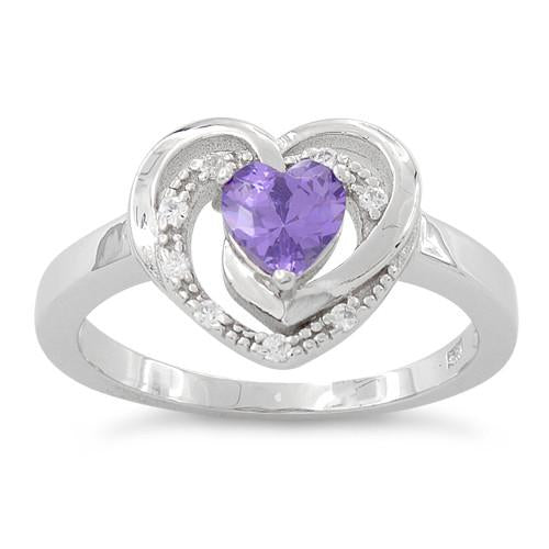 Sterling Silver Precious Heart Amethyst CZ Ring